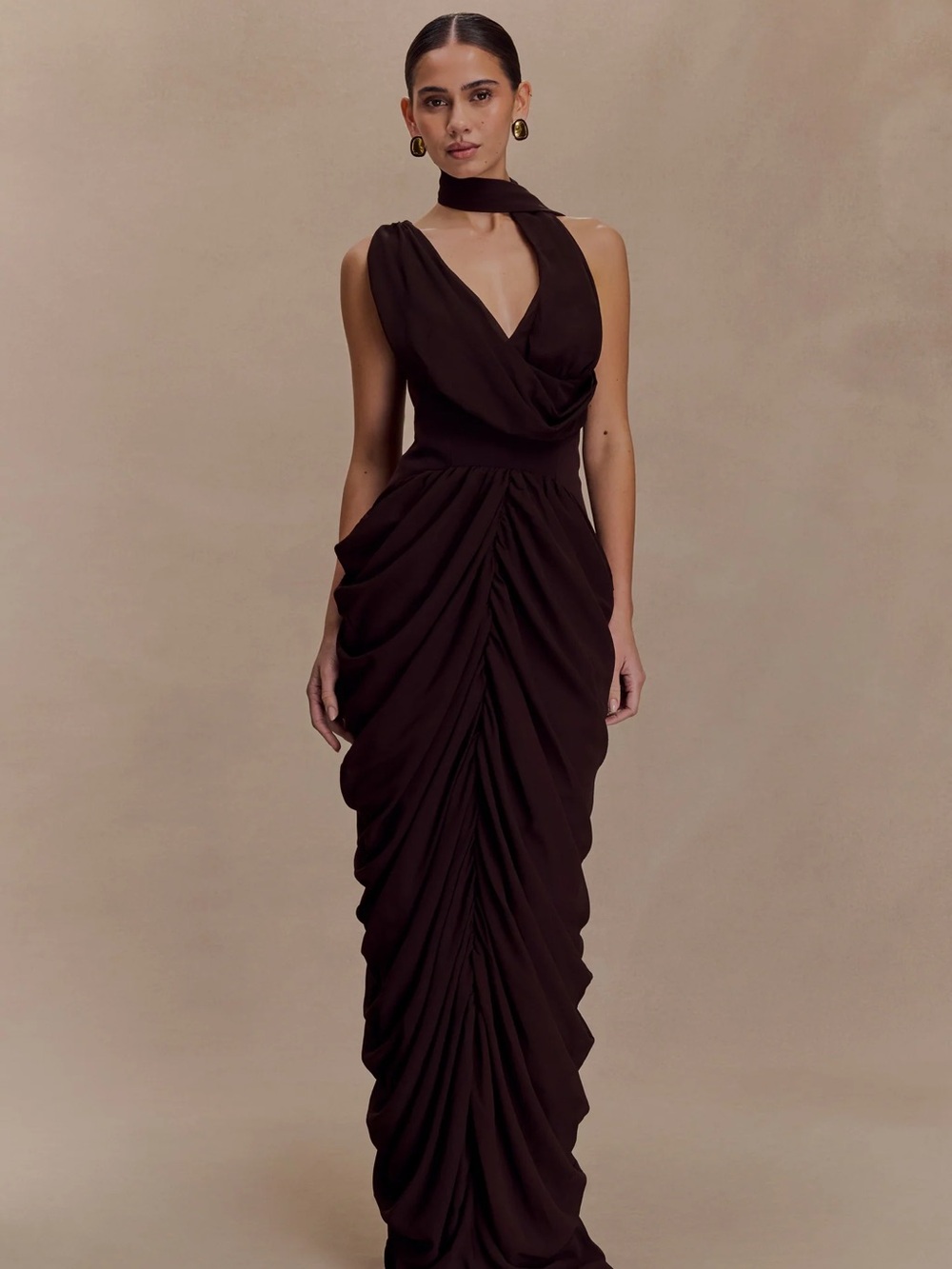 Meshki Alex Chiffon Maxi Dress in Cacao Brown - Picture 2 of 7